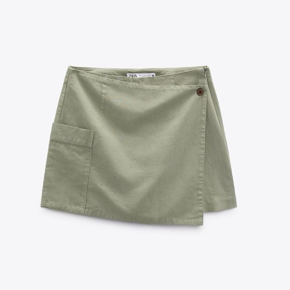 ZARA LINEN MINI SKORT SKIRT SHORTS XS ARMY SAGE GREEN 3188/716 CARGO KHAKI